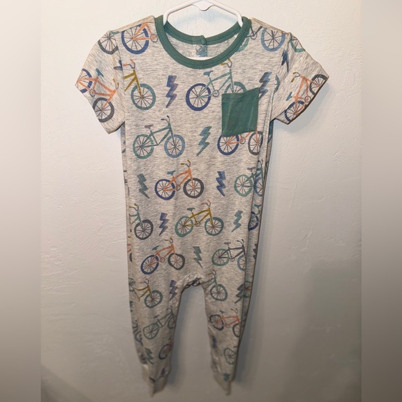 🚲 Bicycle Print Bamboo Little Sleepies Grey Short Sleeve One Piece Button Romper - Picture 4 of 5